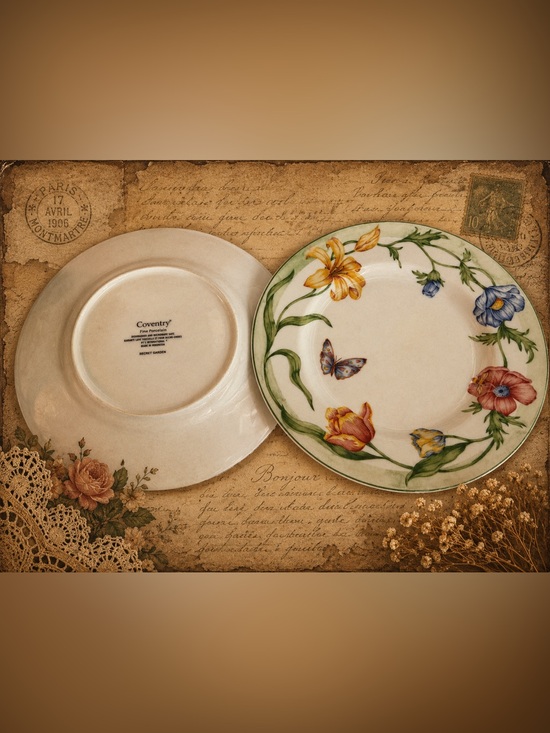 Other - Set of 2 Coventry Secret Garden Fine Porcelain Dinner Plates Floral Butterfly